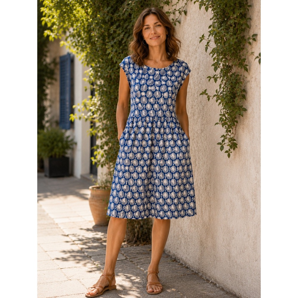 Boden Womens Blue White Pineapple Print Cotton Jersey Pocket Dress Size 8R J0849